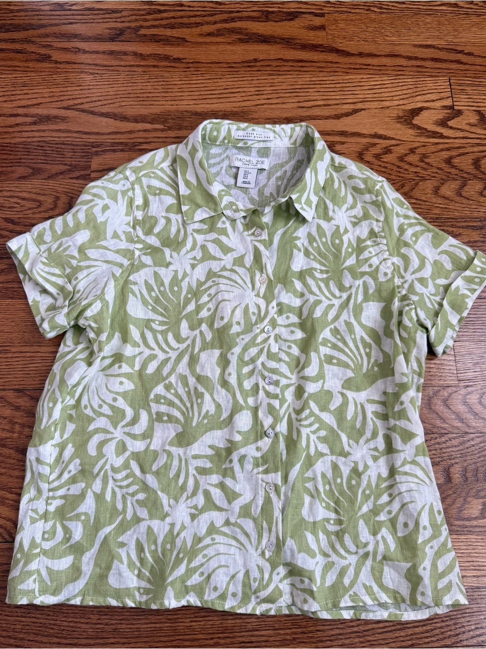 Rachel Zoe Green Tropical Print 100% Linen Camp Shirt Size Small